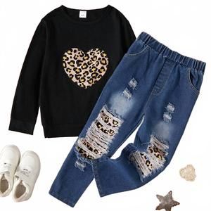 NEW PATPAT girl's 2-piece sweatshirt and ripped jeans set in black multi